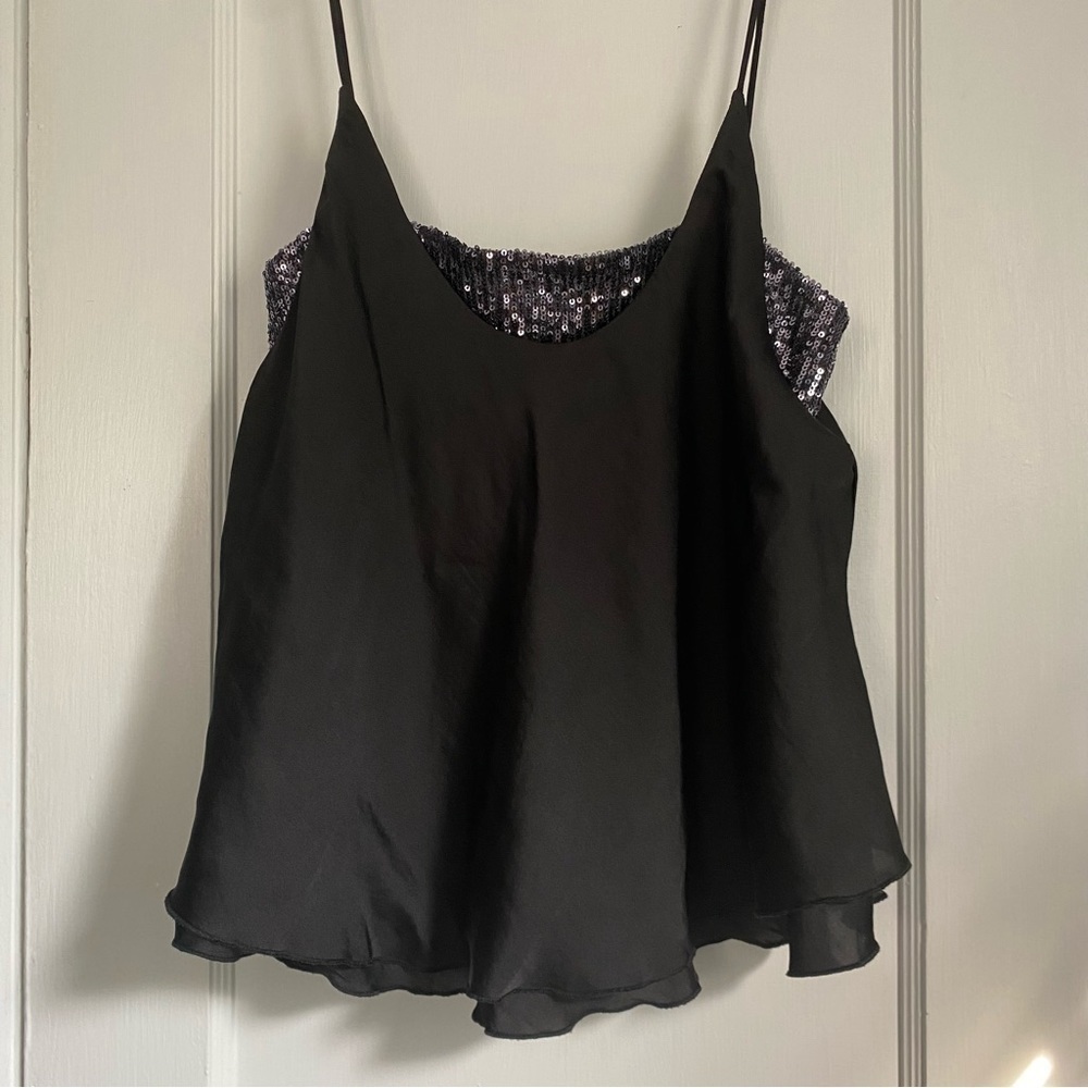 Free People Intimately Black Satin Cami Top Sequins, adjustable straps, Medium